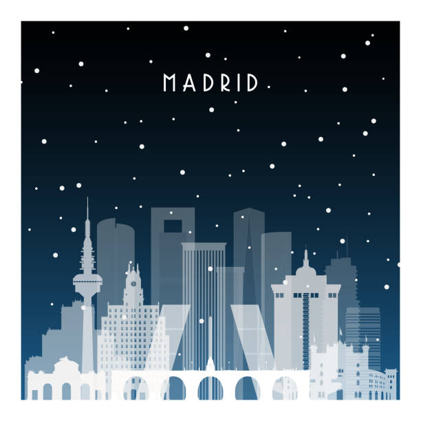 ilustraciones, imágenes clip art, dibujos animados e iconos de stock de noche de invierno en madrid. ciudad de la noche en plano estilo de cartel, ilustración, bandera, fondo. - skyline madrid