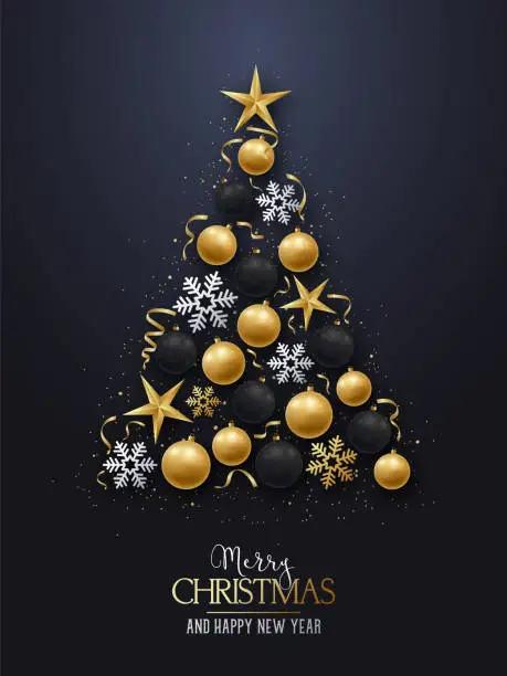 Vector illustration of Greeting card with christmas tree. Shiny Christmas-tree decorations, balls, stars and snowflakes on a dark background. Merry Christmas and Happy New Year. Vector illustration.