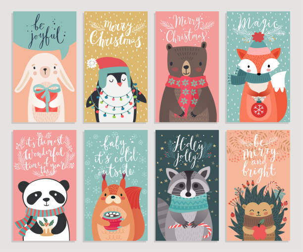 動物、クリスマス カードは手描画スタイルです。 - animal hand点のイラスト素材／クリップアート素材／マンガ素材／アイコン素材