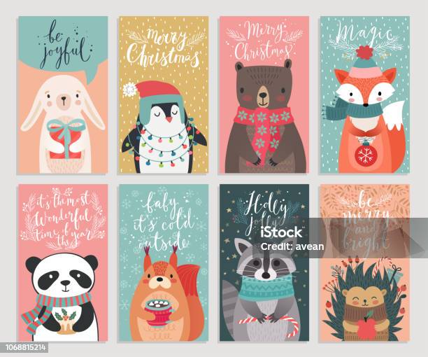 Christmas Cards With Animals Hand Drawn Style Stock Illustration - Download Image Now - Christmas, Animal, Cute