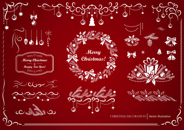 크리스마스와 새 해 요소의 집합입니다.  differents 모티프와 decoratives 요소 (화 환, 테두리, 값싼 물건, 리본, 활, 선물 상자)의 그림. - wreath christmas bow holiday stock illustrations