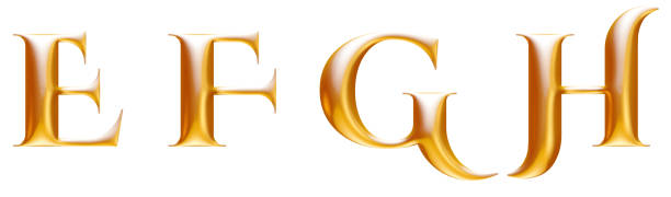 złoty metaliczny alfabet dekoracyjny, litery e f g h, ilustracja 3d - letter h alphabet metal three dimensional shape zdjęcia i obrazy z banku zdjęć