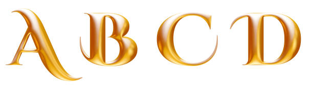 alfabeto decorativo metálico dorado, letras a b c d, ilustración 3d - letter b typescript alphabet metal fotografías e imágenes de stock