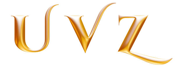 dourado metálico decorativo alfabeto, letras u v z, ilustração 3d - alphabet letter z three dimensional shape typescript - fotografias e filmes do acervo