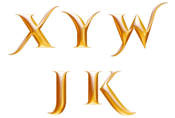 황금 금속 장식 알파벳, 편지 x y w j k, 3d 그림 - letter j alphabet metal three dimensional shape 뉴스 사진 이미지
