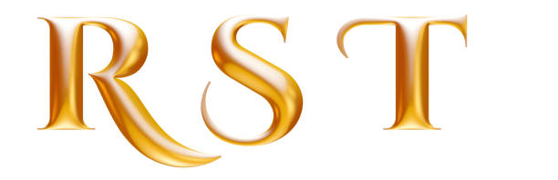 alfabeto decorativo metálico dorado, letras r s t, ilustración 3d - letter t letter a alphabet capital letter fotografías e imágenes de stock