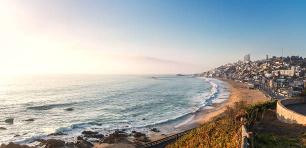 Panoramic aerial view of Renaca Beach at sunset - Vina del Mar, Chile Panoramic aerial view of Renaca Beach at sunset - Vina del Mar, Chile vina del mar chile stock pictures, royalty-free photos & images