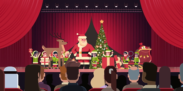 Open red curtain Santa Claus and elves theater show merry christmas happy new year holiday concept horizontal flat vector illustration