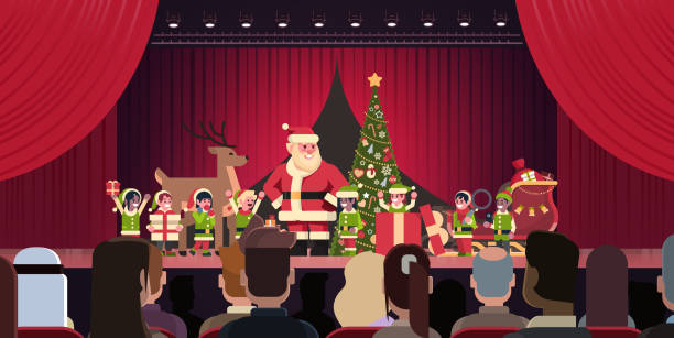 Open red curtain Santa Claus and elves theater show merry christmas happy new year holiday concept horizontal flat Open red curtain Santa Claus and elves theater show merry christmas happy new year holiday concept horizontal flat vector illustration santa claus elf assistance christmas stock illustrations