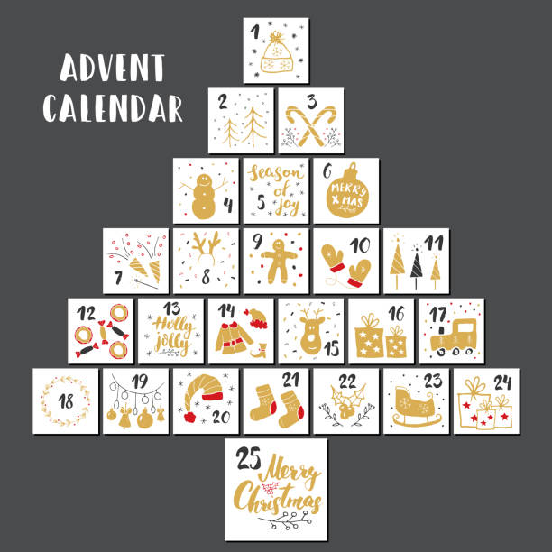 istock Christmas advent calendar. Hand drawn elements and numbers. Winter holidays calendar cards set design, Vector illustration 1068826226