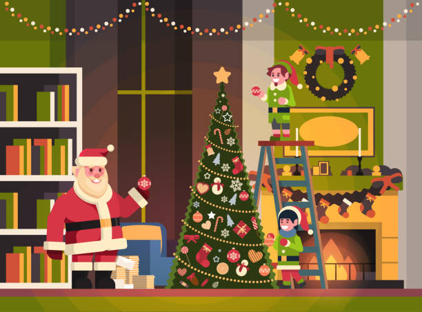 stockillustraties, clipart, cartoons en iconen met kerstman met elfjes op trap verfraaien fir tree woonkamer merry christmas gelukkig nieuwjaar interieurconcept vlak en horizontaal - xmas tree