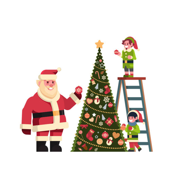 stockillustraties, clipart, cartoons en iconen met kerstman met elfjes op trap verfraaien fir tree merry christmas gelukkig nieuwjaar concept plat geïsoleerd - xmas tree
