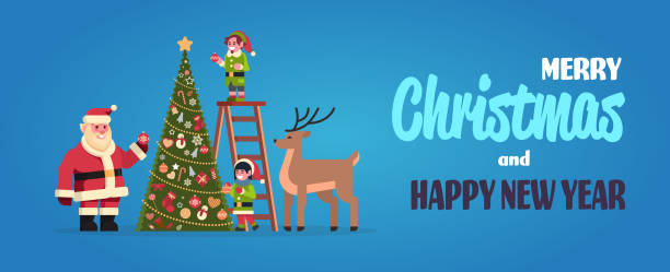 stockillustraties, clipart, cartoons en iconen met kerstman met elfjes op trap verfraaien fir tree merry christmas gelukkig nieuwjaar concept vlak en horizontaal - xmas tree