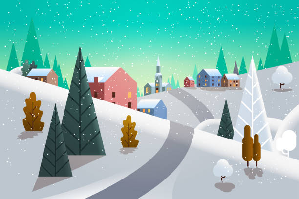 зимняя деревня дома горы холмы пейзаж снегопад фон горизонтальной плоской - church in the snow stock illustrations