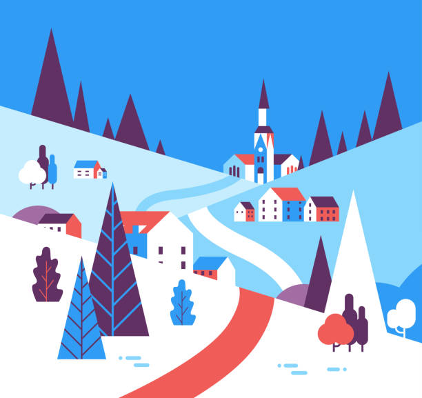 stockillustraties, clipart, cartoons en iconen met winter dorp huizen bergen heuvels platte achtergrond landschap - landschap dorp