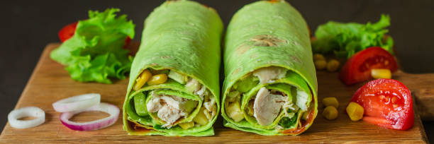 istock burrito wraps green with meat and vegetables  (tortilla wraps). top view. copy space 1068830562