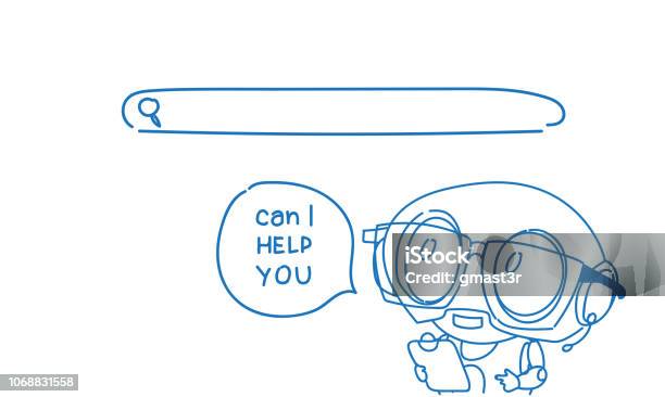 Support Center Headset Agent Robot Client Online Operator Artificial Intelligence Customer And Technical Service Concept Sketch Doodle Stock Illustration - Download Image Now