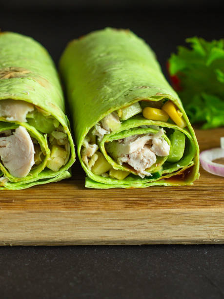 istock burrito wraps green with meat and vegetables  (tortilla wraps). top view. copy space 1068834602