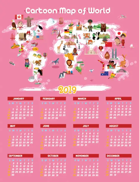 Vector illustration of PINK CARTOON MAP OF WORLD and CALENDAR 2019