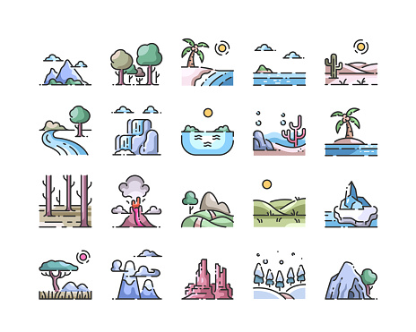 Landscape outline color icon set,vector and illustration