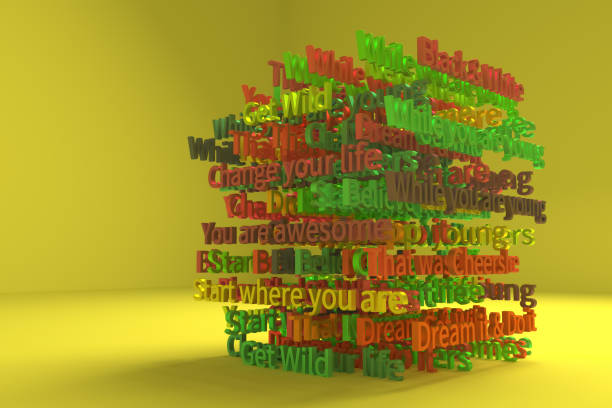 Motivation related keywords cloud, illustrations of CGI typography, for graphic design, wallpapers, booklets. 3D rendering.