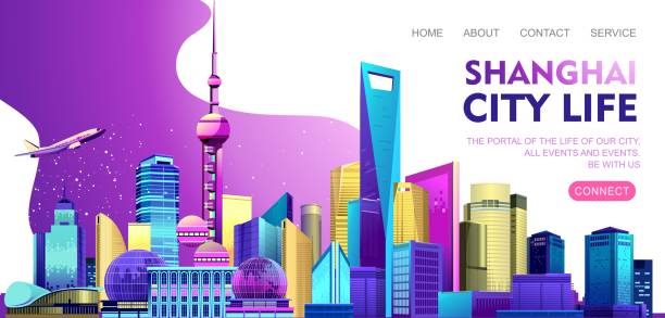 Shanghai city banner Vector horizontal illustration of the Chinese city Shanghai embankment banner with skyscrapers, bridge and transport, on white background promenade shanghai stock illustrations