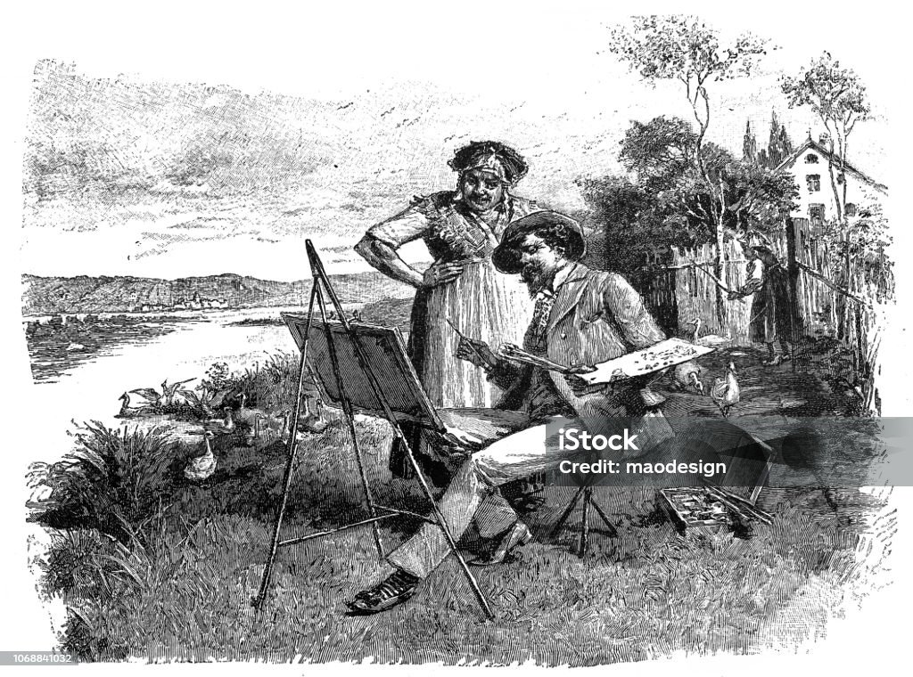 Painter artist talks to a housewife in nature - 1896 Easel stock illustration