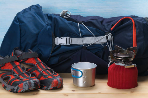 istock Backpack and things for climbing in the mountains, background 1068841216