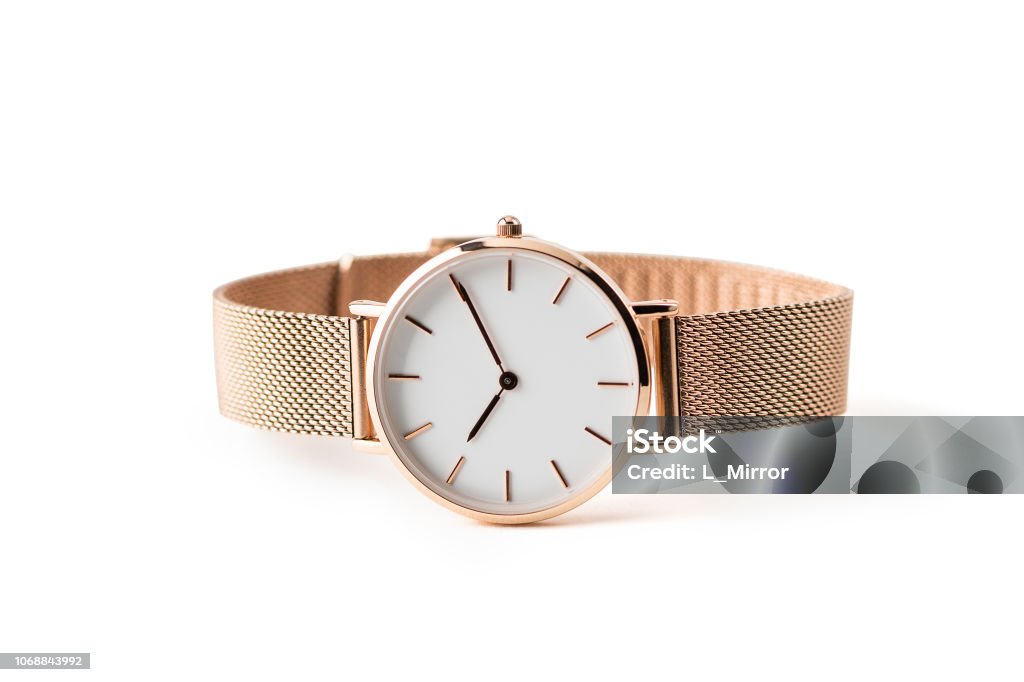 Luxury watch isolated on white background. With clipping path. Gold watch. Women watch. Female watch. Watch - Timepiece Stock Photo