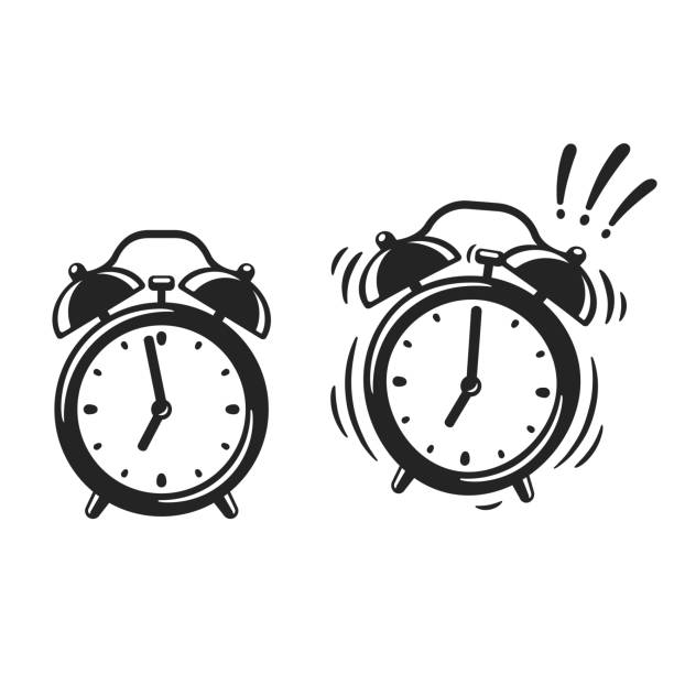 Alarm clock illustration Black and white alarm clock drawing, standing and ringing. Retro style cartoon clock illustration, simple vector clip art. alarm clock stock illustrations