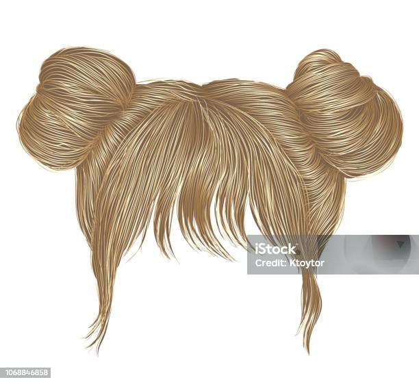 Two Buns Hairs With Fringe Blond Colors Women Fashion Beauty Style Stock Illustration - Download Image Now
