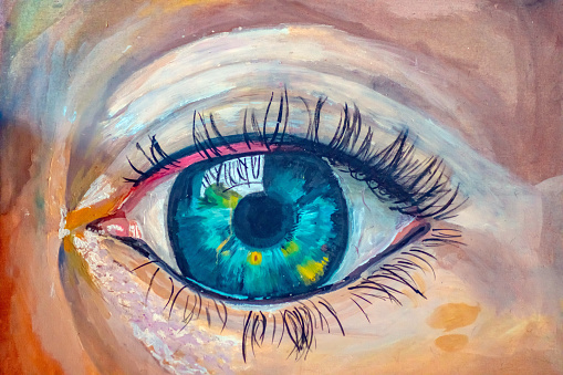 An artist's acrylic painting of a human eye. The artist is a new young artist called Ethan Hewitt and this series of images shows the progress through the painting process.
