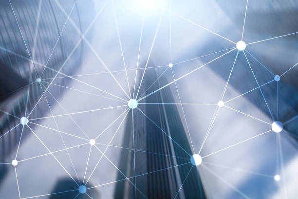 istock Blockchain network on blurred skyscrapers background. Financial technology and communication concept. 1068851888