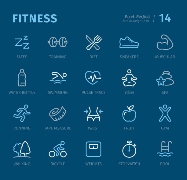 ilustraciones, imágenes clip art, dibujos animados e iconos de stock de fitness - los iconos de contorno con subtítulos - healthy eating symbol dieting computer icon