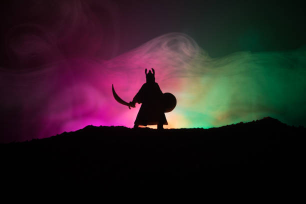 Fighter with a sword silhouette a sky. Medieval knight with sword. Selective focus