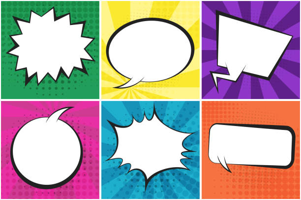 Set of bright retro comic speech bubbles on colorful dotted and striped backgrounds in pop art style. Cartoon green, yellow, purple, blue places for comics book, advertisement text, web design, poster