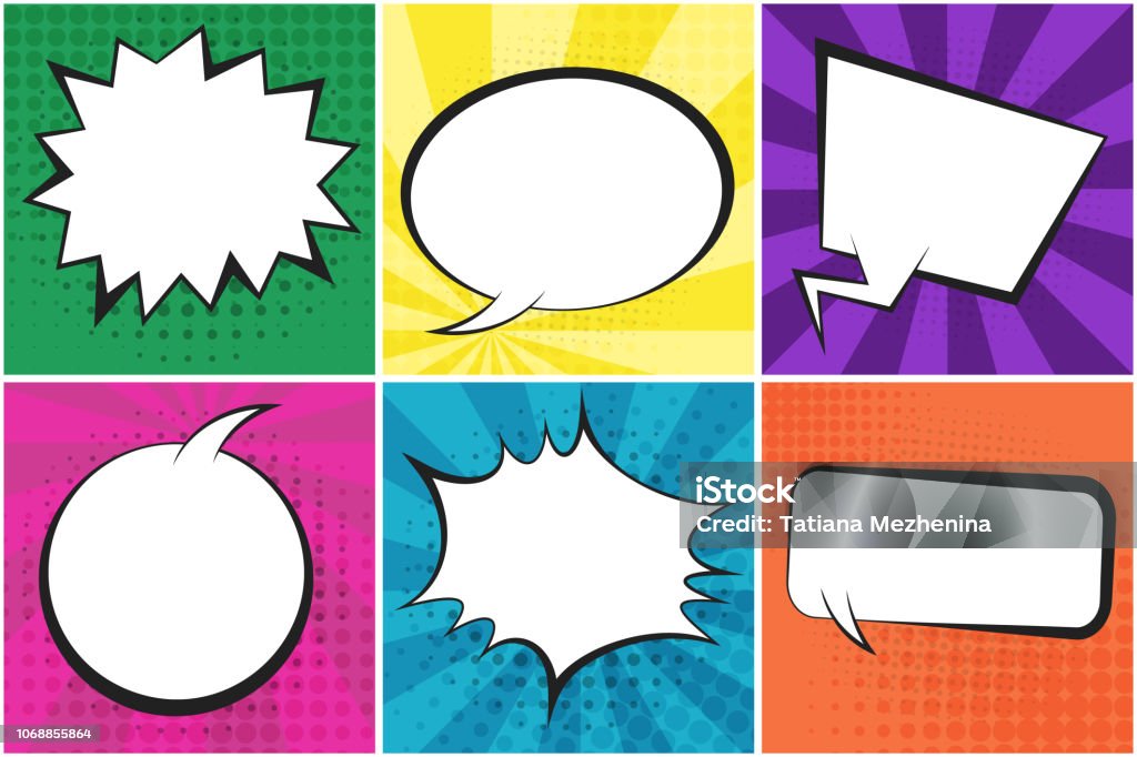 Set of bright retro comic speech bubbles Set of bright retro comic speech bubbles on colorful dotted and striped backgrounds in pop art style. Cartoon green, yellow, purple, blue places for comics book, advertisement text, web design, poster Superhero stock vector