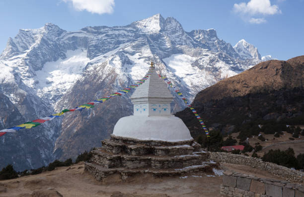 istock Buddhist white stupa above Namche Bazaar in Nepal Himalayas 1068856470