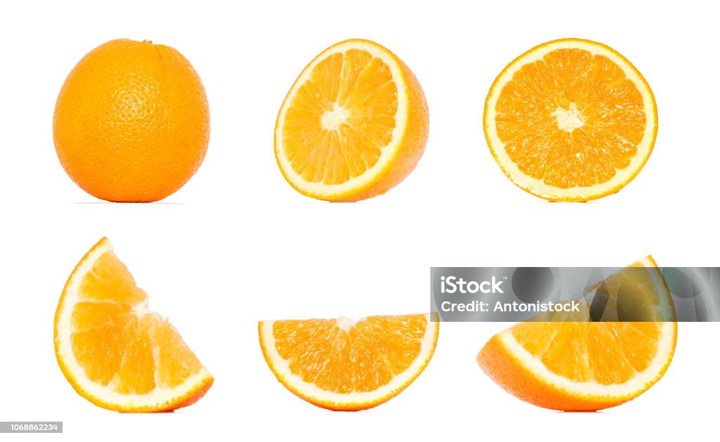 Coleção de frutas laranja em diferentes variações isolado sobre fundo branco. Inteira e em fatias de laranja. Traçado de recorte laranja. - Foto de stock de Laranja - Frutas cítricas royalty-free