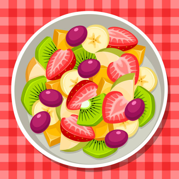 fruit salad Illustrationen visar en skål med fruktsallad som står på en rödrutig duk fruit salad stock illustrations