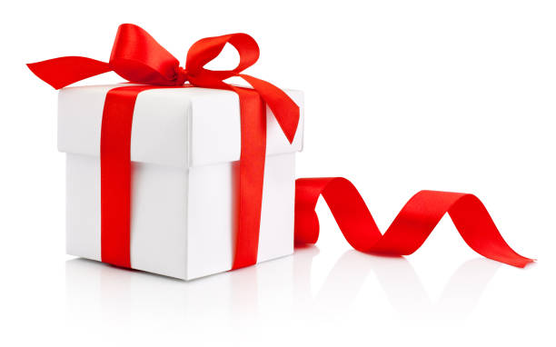 White gift box tied red ribbon bow Isolated on white background