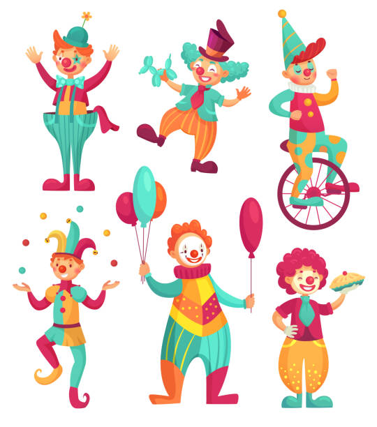 서커스 광대입니다. 만화 광대 코미디언, 재미 있는 저글링 광대 코 또는 광대 파티 서커스 의상. 벡터 일러스트 레이 션 세트 - clown stock illustrations