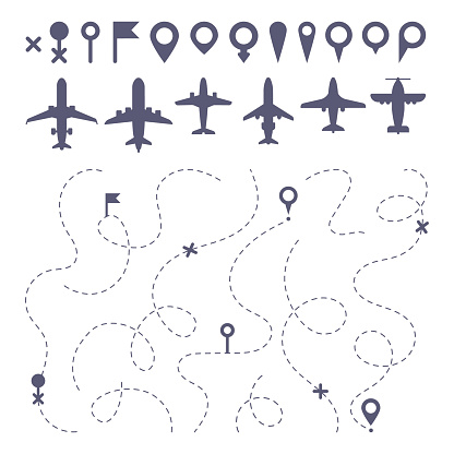 Plane route line. Planes dotted line trail directions, flight pathway direction map builder and airplane. Dot dashes travel flights destination track isolated icons vector set