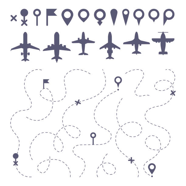Plane route line. Planes dotted line trail directions, flight pathway direction map builder and airplane icons vector set Plane route line. Planes dotted line trail directions, flight pathway direction map builder and airplane. Dot dashes travel flights destination track isolated icons vector set journey patterns stock illustrations