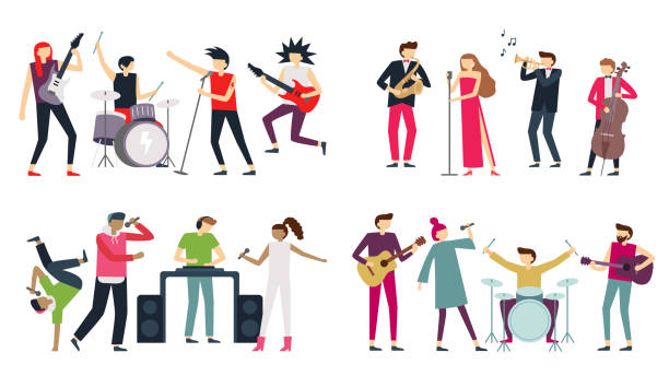 Music band. Jazz blues, punk rock and indie pop bands. Metal guitarist, drummer and rap singer isolated musicians vector set Music band. Jazz blues, punk rock and indie pop bands. Metal guitarist, drummer and rap singer isolated musicians, choir quartet concert. Singing or playing people flat vector icons set theatrical performance illustrations stock illustrations