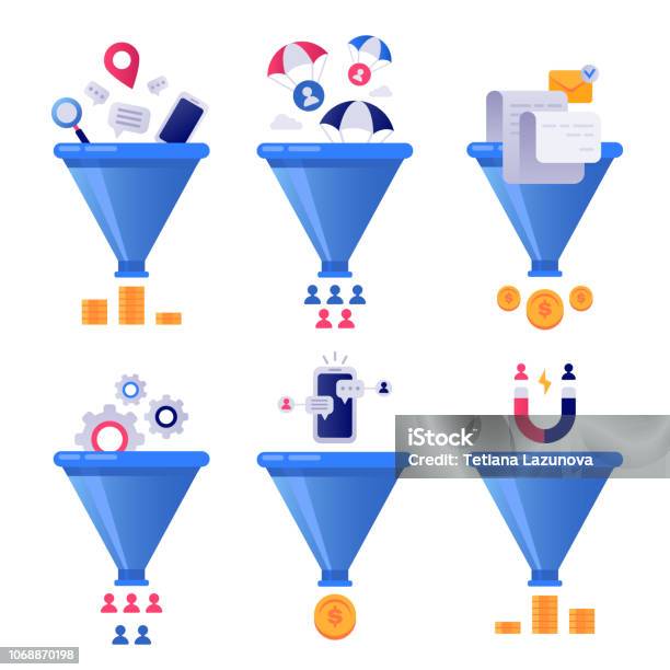 営業の目標到達プロセスしますビジネス リード世代ソーター目標到達プロセスをメールおよびパイプラインの最適化ベクトル概念図セットで発売 - じょうごのベクターアート素材や画像を多数ご用意