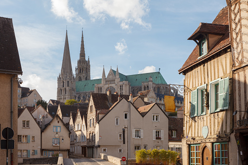 View of Chartres Cathedral in Chartres city. Chartres, France