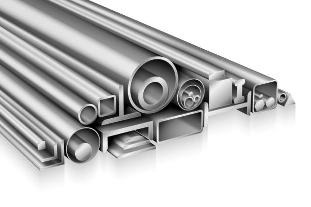 ilustrações de stock, clip art, desenhos animados e ícones de structural steel profile realistic composition metal pipe, tube, bar, rod, rebar, channel, beam - construction steel construction frame built structure