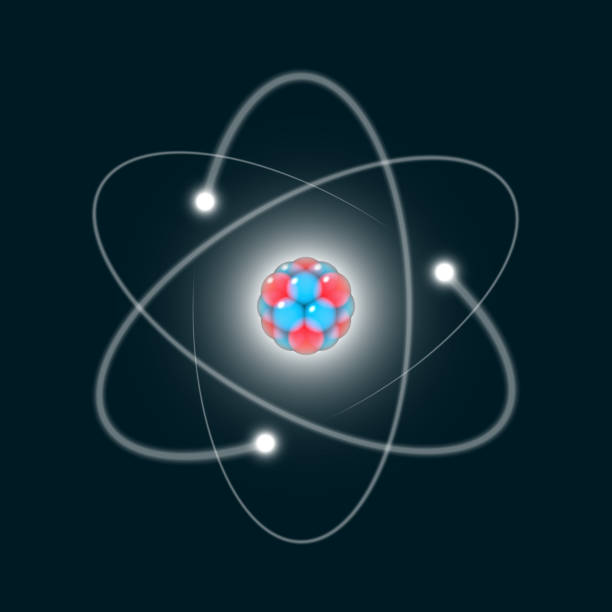 Atom icon Atom icon, three dimensional abstract atom structure model with electrons orbiting the nucleus which composed of neutrons and protons, nuclear science design element nuclear fusion atoms stock illustrations