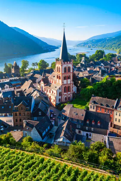 Bacharach aerial panoramic view. Bacharach is a small town in Rhine valley in Rhineland-Palatinate, Germany